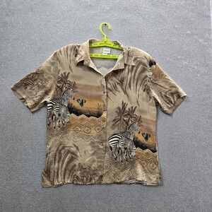 VINTAGE Sea Suns Women Button‎ Up Shirt L Brown Animal Zebras Safari Hawaiian